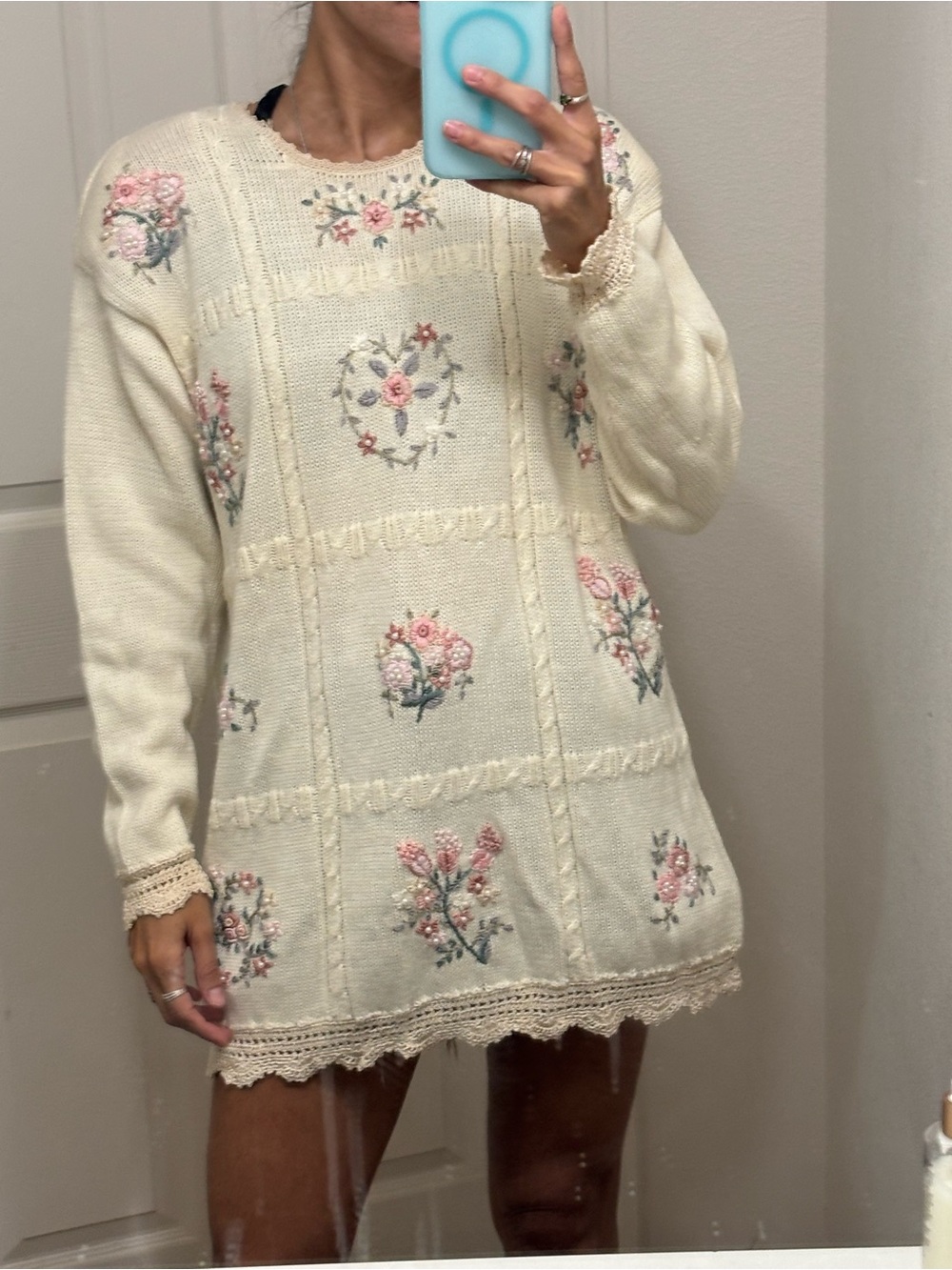 Vintage Cream Embroidered Floral Knit sweater